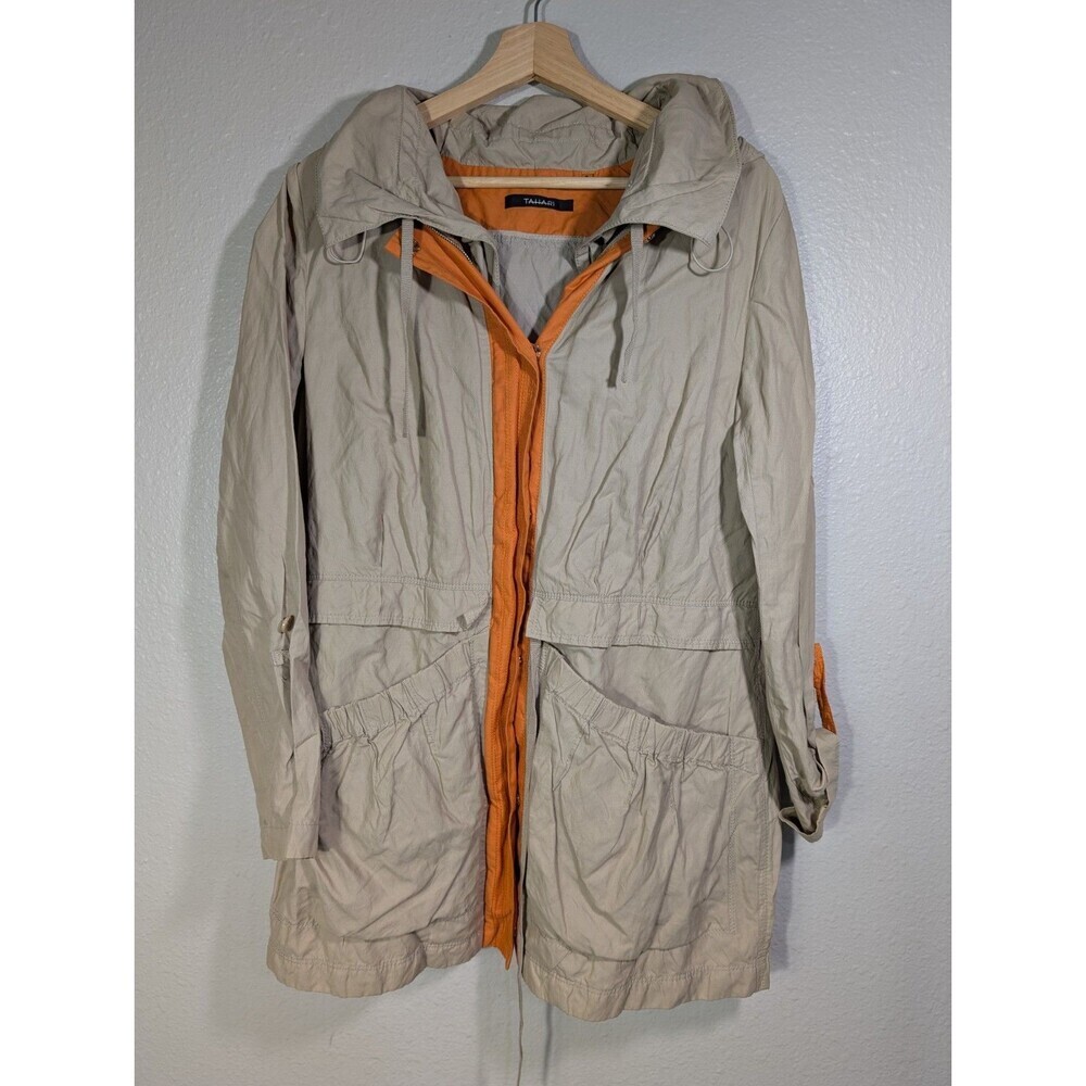 Tahari Windbreaker Hooded Light Jacket Beige‎ Orange Medium
